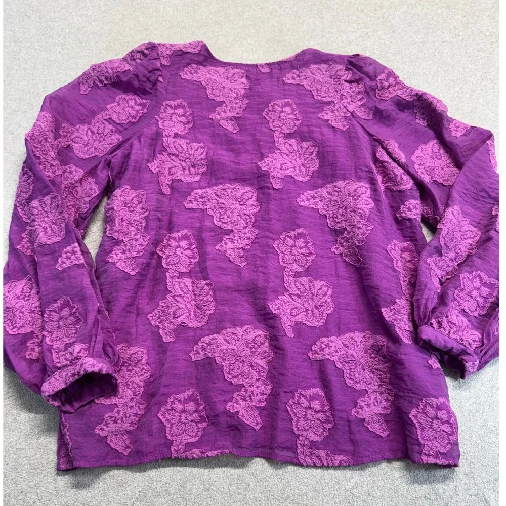 Loft Blouse Womens Small‎ Purple Floral Embroidered Peasant Boho Long Sleeve Top